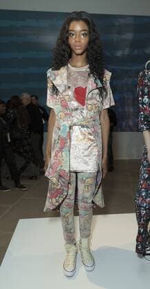 USA: New York Fashion Week Fall 2017 Epson Model shows off dress by Daniel Barreira of Brazil for Epson Digital Couture project presentation during 2017 fall New York Fashion week at IAC building  LevxRadin