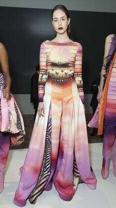 USA: New York Fashion Week Fall 2017 Epson Model shows off dress by Carlos de Moya of Dominican Republic for Epson Digital Couture project presentation during 2017 fall New York Fashion week at IAC building  LevxRadin
