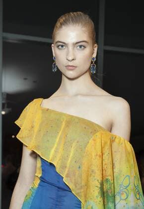 USA: New York Fashion Week Fall 2017 Epson Model shows off dress by Sonia Chang & Daniel Del Barco of Costa Rica for Epson Digital Couture project presentation during 2017 fall New York Fashion week at IAC building  LevxRadin