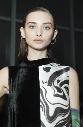 USA: New York Fashion Week Fall 2017 Epson Model shows off dress by Vanessa Krongold of Argentina for Epson Digital Couture project presentation during 2017 fall New York Fashion week at IAC building  LevxRadin