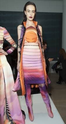 USA: New York Fashion Week Fall 2017 Epson Model shows off dress by Carlos de Moya of Dominican Republic for Epson Digital Couture project presentation during 2017 fall New York Fashion week at IAC building  LevxRadin