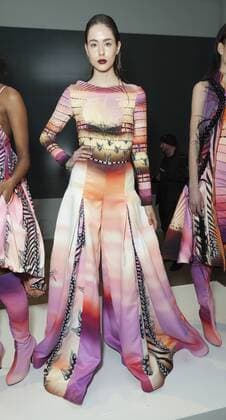 USA: New York Fashion Week Fall 2017 Epson Model shows off dress by Carlos de Moya of Dominican Republic for Epson Digital Couture project presentation during 2017 fall New York Fashion week at IAC building  LevxRadin