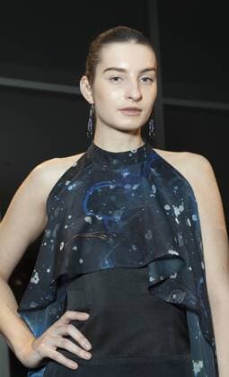 USA: New York Fashion Week Fall 2017 Epson Model shows off dress by Sonia Chang & Daniel Del Barco of Costa Rica for Epson Digital Couture project presentation during 2017 fall New York Fashion week at IAC building  LevxRadin