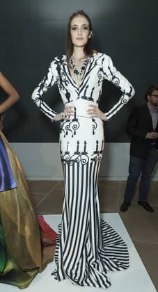 USA: New York Fashion Week Fall 2017 Epson Model shows off dress by Leonardo Mena of Mexico for Epson Digital Couture project presentation during 2017 fall New York Fashion week at IAC building  LevxRadin
