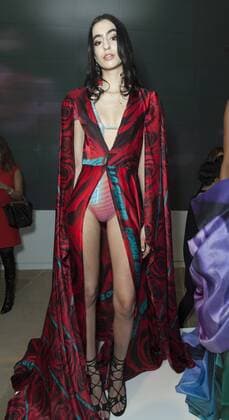 USA: New York Fashion Week Fall 2017 Epson Model shows off dress by Leonardo Mena of Mexico for Epson Digital Couture project presentation during 2017 fall New York Fashion week at IAC building  LevxRadin