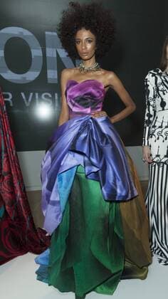 USA: New York Fashion Week Fall 2017 Epson Model shows off dress by Leonardo Mena of Mexico for Epson Digital Couture project presentation during 2017 fall New York Fashion week at IAC building  LevxRadin
