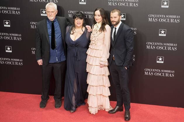 The director of the film, James Foley, the writer of the book Erika Leonard Mitchell, american actress Dakota Johnson and british actor Jamie Dornan attends to the premiere of the film Fifty Shades Darker at Kinepolis Cinemas in Madrid. February 08, 2017.  (20170208114)