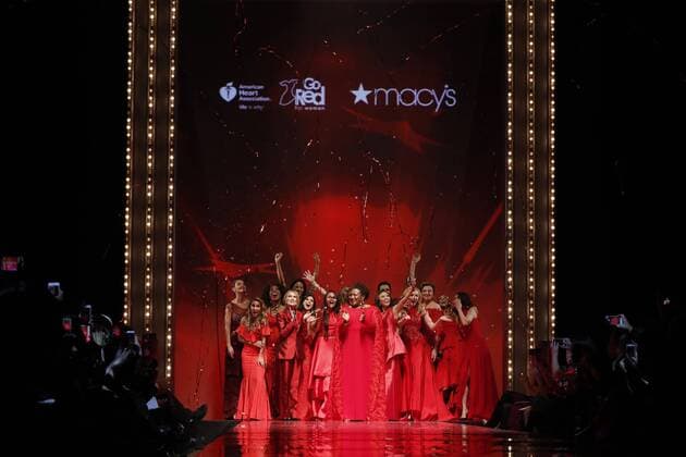 Celebrity models stand on the runway at the conclusion of The American Heart Association s Go Red For Women Red Dress Collection 2017 fashion show presented by Macy s on February 9, 2017 in New York City.  NYP20170209164 JOHNxANGELILLO
