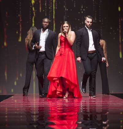 USA: Red Dress Collection 2017 Rachel Platten in Marchesa performs for the Red Dress Collection 2017 fashion show by Macys at Hammerstein Ballroom at Manhattan Center benefit American Heart Association  LevxRadin
