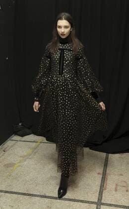 USA: New York Fashion week Fall 2017 Jill Stuart Model shows off dress by Jill Stuart backstage in preparation for presentation during New York Fashion week Fall 2017 at 195 Broadway.  LevxRadin