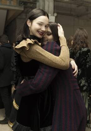 USA: New York Fashion week Fall 2017 Jill Stuart Models shows off dress by Jill Stuart backstage in preparation for presentation during New York Fashion week Fall 2017 at 195 Broadway.  LevxRadin