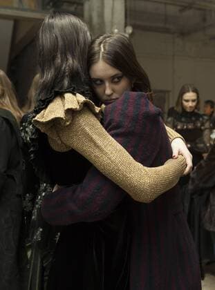 USA: New York Fashion week Fall 2017 Jill Stuart Models shows off dress by Jill Stuart backstage in preparation for presentation during New York Fashion week Fall 2017 at 195 Broadway.  LevxRadin