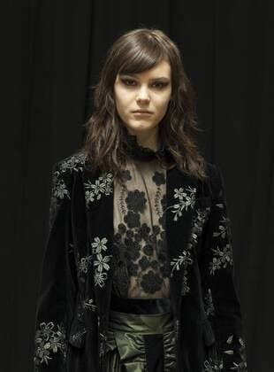 USA: New York Fashion week Fall 2017 Jill Stuart Model shows off dress by Jill Stuart backstage in preparation for presentation during New York Fashion week Fall 2017 at 195 Broadway.  LevxRadin