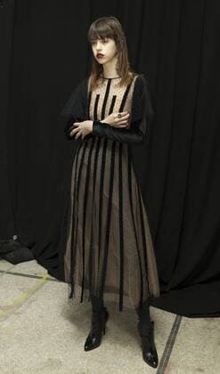 USA: New York Fashion week Fall 2017 Jill Stuart Model shows off dress by Jill Stuart backstage in preparation for presentation during New York Fashion week Fall 2017 at 195 Broadway.  LevxRadin