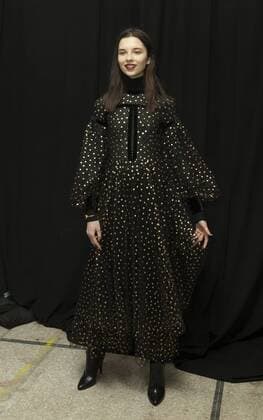 USA: New York Fashion week Fall 2017 Jill Stuart Model shows off dress by Jill Stuart backstage in preparation for presentation during New York Fashion week Fall 2017 at 195 Broadway.  LevxRadin