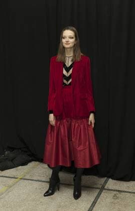 USA: New York Fashion week Fall 2017 Jill Stuart Model shows off dress by Jill Stuart backstage in preparation for presentation during New York Fashion week Fall 2017 at 195 Broadway  LevxRadin