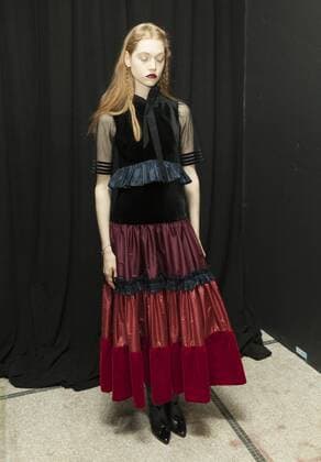 USA: New York Fashion week Fall 2017 Jill Stuart Model shows off dress by Jill Stuart backstage in preparation for presentation during New York Fashion week Fall 2017 at 195 Broadway.  LevxRadin