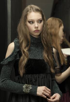 USA: New York Fashion week Fall 2017 Jill Stuart Model prepares backstage for presentation during New York Fashion week Fall 2017 at 195 Broadway  LevxRadin