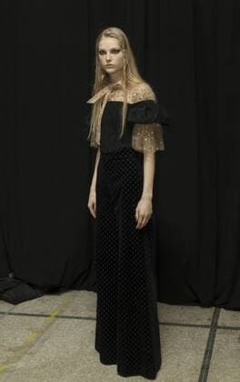 USA: New York Fashion week Fall 2017 Jill Stuart Model shows off dress by Jill Stuart backstage in preparation for presentation during New York Fashion week Fall 2017 at 195 Broadway.  LevxRadin