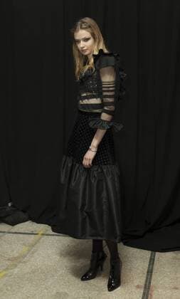 USA: New York Fashion week Fall 2017 Jill Stuart Model shows off dress by Jill Stuart backstage in preparation for presentation during New York Fashion week Fall 2017 at 195 Broadway.  LevxRadin