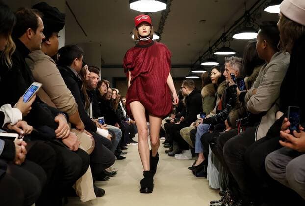 A model wears a Make America New York hat when she walks on the runway at the Public School FW 17 show at New York Fashion Week at Milk Studios on February 12, 2017 in New York City.  NYP20170212104 JOHNxANGELILLO