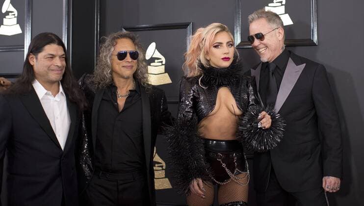 February 12, 2017 - Los Angeles, CALIFORNIA, UNITED STATES OF AMERICA - Singer Lady Gaga with (L-R) musicians Robert Trujillo, Kirk Hammett, James Hetfield, and Lars Ulrich of Metallica attend The 59th GRAMMY Awards at STAPLES Center on February 12, 2017 in Los Angeles, California..ARMANDO ARORIZO. Los Angeles UNITED STATES OF AMERICA - ZUMAa60_ 20170212_zaf_a60_029 Copyright: xArmandoxArorizox