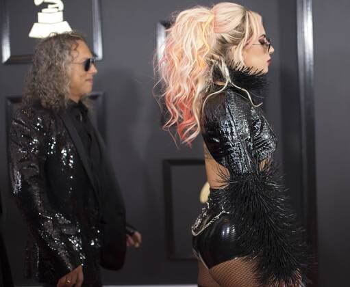 February 12, 2017 - Los Angeles, CALIFORNIA, UNITED STATES OF AMERICA - Singer Lady Gaga with (L-R) musicians Robert Trujillo, Kirk Hammett, James Hetfield, and Lars Ulrich of Metallica attend The 59th GRAMMY Awards at STAPLES Center on February 12, 2017 in Los Angeles, California..ARMANDO ARORIZO. Los Angeles UNITED STATES OF AMERICA - ZUMAa60_ 20170212_zaf_a60_032 Copyright: xArmandoxArorizox