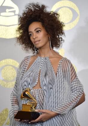 Singer Solange Knowles appears backstage with her awards for Best R&B Performance for Cranes In The Sky during the 59th annual Grammy Awards held at Staples Center in Los Angeles on February 12, 2017.  LAP201702121425 CHRISTINExCHEW