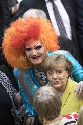 February 12, 2017 - Berlin, Germany - Drag queen Olivia Jones (L) greets German Chancellor Angela Merkel (R) prior to the vote for the presidential election by the Bundesversammlung (Federal Assembly) at the Reichstag in Berlin, Germany on February 12, 2017. Presidential candidate Frank-Walter Steinmeier, 61, is certain to be voted as new President being the official candidate of the government parties CDU CSU and SPD and supported from FDP and Green party, against poverty researcher Christoph Butterwegge, nominated by the left party Die Linke and Albrecht Glaser, nominated by the far right party AfD (Alternative for Germany) Berlin Germany  - ZUMAn230 20170212_zaa_n230_553 Copyright: xEmmanuelexContinix