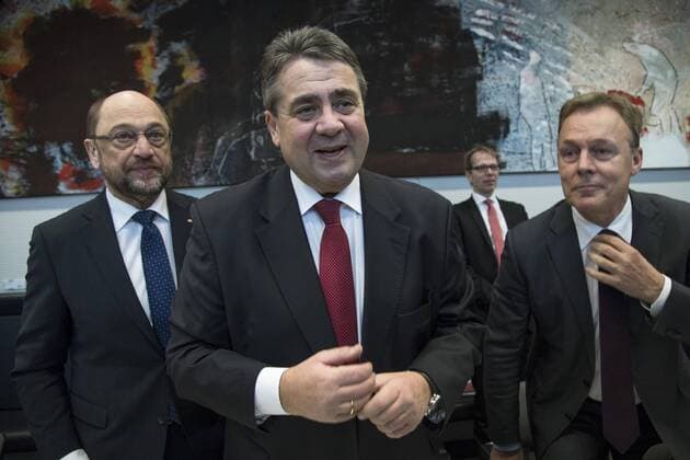 February 12, 2017 - Berlin, Germany - SPD Chancellor candidate Martin Schulz (L), German Foreign Minister Sigmar Gabriel (C) and chairman of the Bundestag SPD faction Thomas Hoppermann (R) are pictured prior to a meeting of the SPD faction before the vote for the election of the new President by the Federal Assembly at the Reichstag in Berlin, Germany on February 12, 2017. Presidential candidate Frank-Walter Steinmeier, 61, is certain to be voted as new President being the official candidate of the government parties CDU CSU and SPD and supported from FDP and Green party, against poverty researcher Christoph Butterwegge, nominated by the left party Die Linke and Albrecht Glaser, nominated by the far right party AfD (Alternative for Germany) Berlin Germany  - ZUMAn230 20170212_zaa_n230_623 Copyright: xEmmanuelexContinix