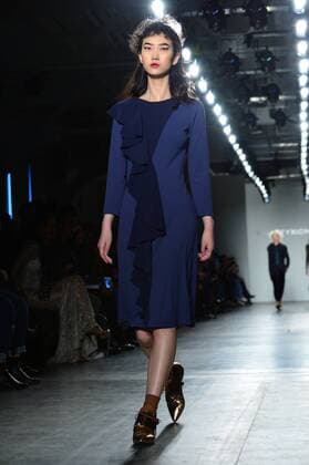 A model walks on the runway at the Katty Xiomara fashion show at New York Fashion Week: Pier 59 Studios on February 13, 2017 in New York City.  NYP201702131010 ANDREAxHANKS