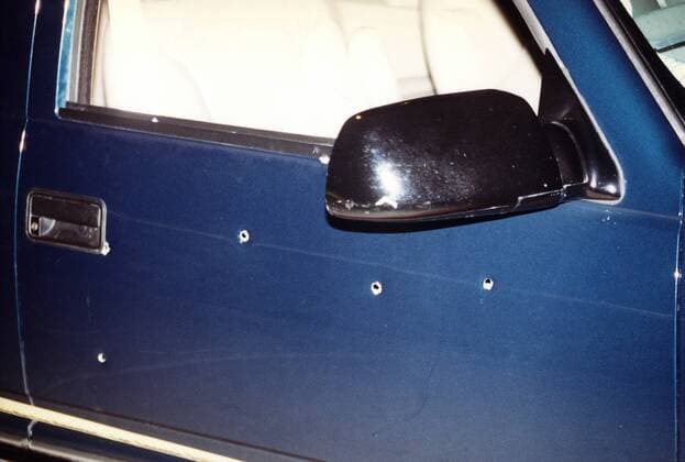 Dec. 7, 2012 - After 15 years, the Notorious B.I.G. s autopsy report has been released. The autopsy report reveals Biggie s wounds and the fact that not all of his gunshot wounds were fatal. PICTURED: March 8, 1997 - Los Angeles, California, U.S. - The bullet holes in the GMC Suburban in which rapper BIGGIE SMALLS (aka Notorious B.I.G.) was shot and murdered the night of 1997 Soul Train Music Awards.  - ZUMAm13_ 19970308_jlr_m13_726 Copyright: xMikexMeadowsx