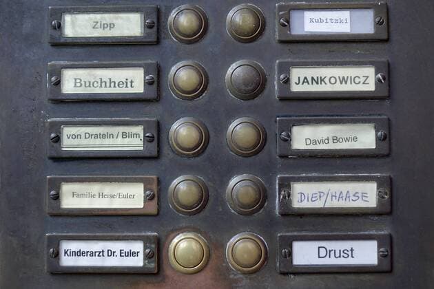 22.01.2017, Prenzlauer Berg, Sredzkistrasse, Berlin, Klingelschild mit David Bowie, Namensvetter, Name, Sänger, Musiker, David Bowie, Bowie, Klingel, Klingelschild