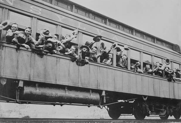 November 22, 2016 - Soldiers of 5th Marine Infantry Regiment on Train enroute to Port of New York for Shipment to France during World War I, New York City, New York, USA, Bain News Service, June 1917 - ZUMAg145 20161122_zza_g145_007 Copyright: xJTxVintagex