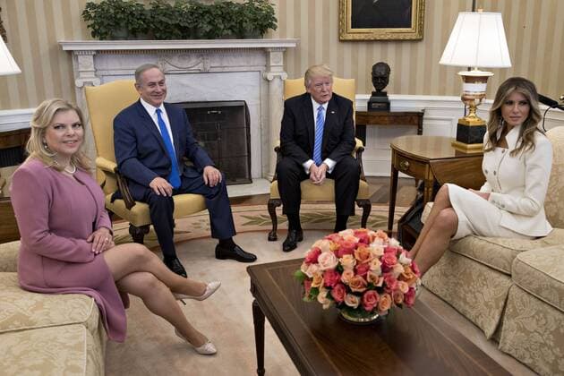 U.S. First Lady Melania Trump, from right, U.S. President Donald Trump, Benjamin Netanyahu, Israel s prime minister, and his wife Sara Netanyahu sit in the Oval Office of the White House in Washington, D.C., U.S., on Wednesday, Feb. 15, 2017. Netanyahu is trying to recalibrate ties with Israel s top ally after eight years of high-profile clashes with former President Barack Obama, in part over Israel s policies toward the Palestinians. Pool photo by Andrew Harrer  WAX20170215307 AndrewxHarrer