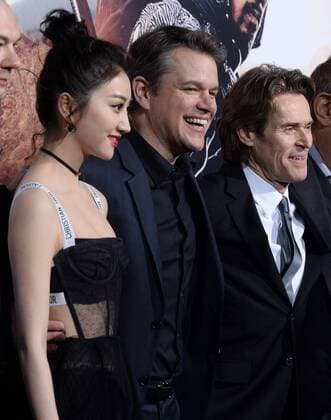 Cast members Tian Jing, Matt Damon and Willem Dafoe (L-R) attend the premiere of the motion picture fantasy thriller The Great Wall at the TCL Chinese Theatre in the Hollywood section of Los Angeles on February 15, 2017. Storyline: European mercenaries searching for black powder become embroiled in the defense of the Great Wall of China against a horde of monstrous creatures.  LAP2017021523 JIMxRUYMEN