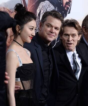 Cast members Tian Jing, Matt Damon and Willem Dafoe (L-R) attend the premiere of the motion picture fantasy thriller The Great Wall at the TCL Chinese Theatre in the Hollywood section of Los Angeles on February 15, 2017. Storyline: European mercenaries searching for black powder become embroiled in the defense of the Great Wall of China against a horde of monstrous creatures.  LAP2017021527 JIMxRUYMEN
