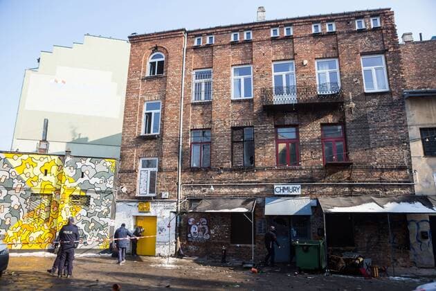 Attack on AFC Ajax fans in Warsaw An exterior view of the Chmury (Clouds) club in Warsaw s northern Praga district where AFC Ajax fans were attacked overnight on February 16, 2016 in Warsaw, Poland. It was stated, that a group of about a 50 black-clothed emblemless attackers threw bottles and stones at the club where the Dutch fans, who are in Warsaw for UEFA Europa League Legia vs. AFC Ajax match, were gathering at night. The group of aggressors fled the site just before the arrival of police while Ajax fans barricaded themselves inside the hostel where they are staying. No causalities were reported. EN_01245927_0004 