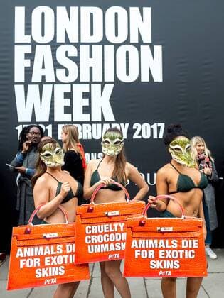 . 17 02 2017. London, United Kingdom. Animal Rights Protest at London Fashion Week. Activists from the animal rights group People for the Ethical Treatment of Animals (Peta) protest outside London Fashion Week on the Strand. The group claim that fashion houses such as Louis Vuitton s parent company, LVMH obtain crocodile skins from Vietnamese crocodile farms, where they allege the reptiles are raised in appalling conditions.  xPetexMaclainex xi-Imagesx IIM-14406-0015