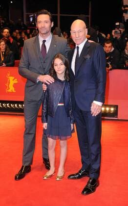 Australian actor Hugh Jackman, British actress Dafne Keen and British actor Patrick Stewart attend the premiere for Logan at the Grand Hyatt Hotel in Berlin on February 17, 2017.  LON20170217401 PAULxTREADWAY