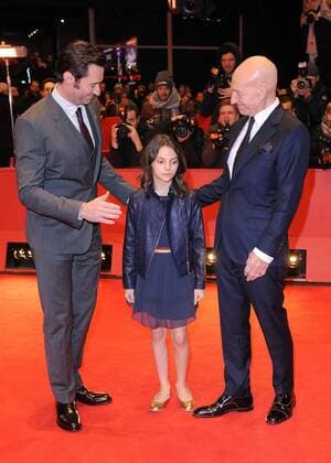 Australian actor Hugh Jackman, British actress Dafne Keen and British actor Patrick Stewart attend the premiere for Logan at the Grand Hyatt Hotel in Berlin on February 17, 2017.  LON20170217404 PAULxTREADWAY