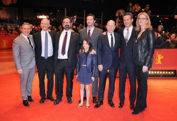 American producer Hutch Parker, American director James Mangold, Australian actor Hugh Jackman, British actress Dafne Keen, British actor Patrick Stewart and British producer Simon Kinberg attend the premiere for Logan at the Grand Hyatt Hotel in Berlin on February 17, 2017.  LON20170217418 PAULxTREADWAY