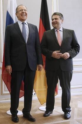 MUNICH, GERMANY - FEBRUARY 18, 2017: Russia s Foreign Minister Sergei Lavrov (L) and Germany s Foreign Minister Sigmar Gabriel seen ahead of a meeting to discuss ways to resolve the Ukrainian conflict on the sidelines of the 53rd Munich Security Conference. Alexander Shcherbak TASS  TS041C03