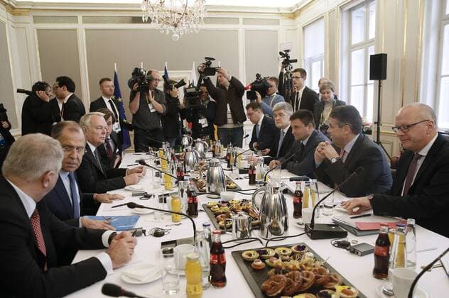 MUNICH, GERMANY - FEBRUARY 18, 2017: Russia s Deputy Foreign Minister Alexei Meshkov, Russia s Foreign Minister Sergei Lavrov, France s Foreign Minister Jean-Marc Ayrault (L-R), Germany s Foreign Minister Sigmar Gabriel (2nd R), Ukraine s Foreign Minister Pavlo Klimkin (3rd R) meet to discuss ways to resolve the Ukrainian conflict on the sidelines of the 53rd Munich Security Conference. Alexander Shcherbak TASS  TS041C07