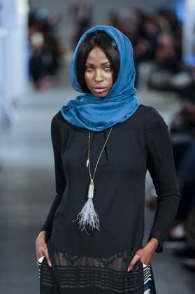 February 18, 2017 - London, UK - London, UK. A model presents a look by iiLa (London) at the UK s first London Modest Fashion Week taking place this weekend at the Saatchi Gallery. The two day event sees 40 brands from across the world come together to showcase their collections for Muslim and other religious women. London UK  - ZUMAl94_ 20170218_zaf_l94_044 Copyright: xStephenxChungx
