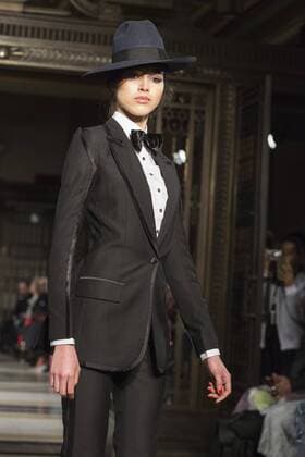 London, UK, 18 February 2017. A model walks the runway during the Malan Breton show at Fashion Scout, London Fashion Week. Malan Breton, Fashion Scout, London Fashion Week, London, UK 