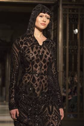 London, UK, 18 February 2017. A model walks the runway during the Malan Breton show at Fashion Scout, London Fashion Week. Malan Breton, Fashion Scout, London Fashion Week, London, UK 