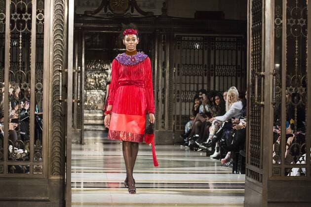 London, UK, 19 February 2017. A model walks the runway during the Felix Bendish (Mumbai) show at House of MEA, Fashion Scout, London Fashion Week. House of Middle East & Asia is a platform to promote fashion talent from across the Middle East, Asia and India. House of MEA, Fashion Scout, London Fashion Week, London, UK 
