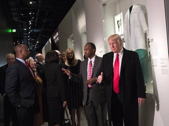 President Donald Trump, joined by Dr. Ben Carson Ivanka Trump and Sen. Tom Scott, R-S.C., visit the Ben Carson exhibit as they tour the Smithsonian National Museum of African American History & Culture in Washington, D.C. on February 21, 2017.  WAP20170221307 KEVINxDIETSCH
