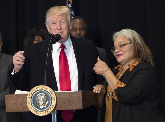 President Donald Trump delivers remarks with Alveda King, niece of Martin Luther King Jr., after touring the Smithsonian National Museum of African American History & Culture in Washington, D.C. on February 21, 2017.  WAP20170221317 KEVINxDIETSCH